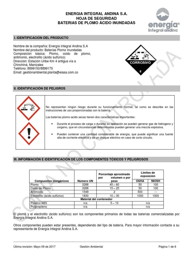 hoja de datos de seguridad baterias plomo acido - Qué tipo de riesgo puede provocar el electrolito de una batería de plomo ácido